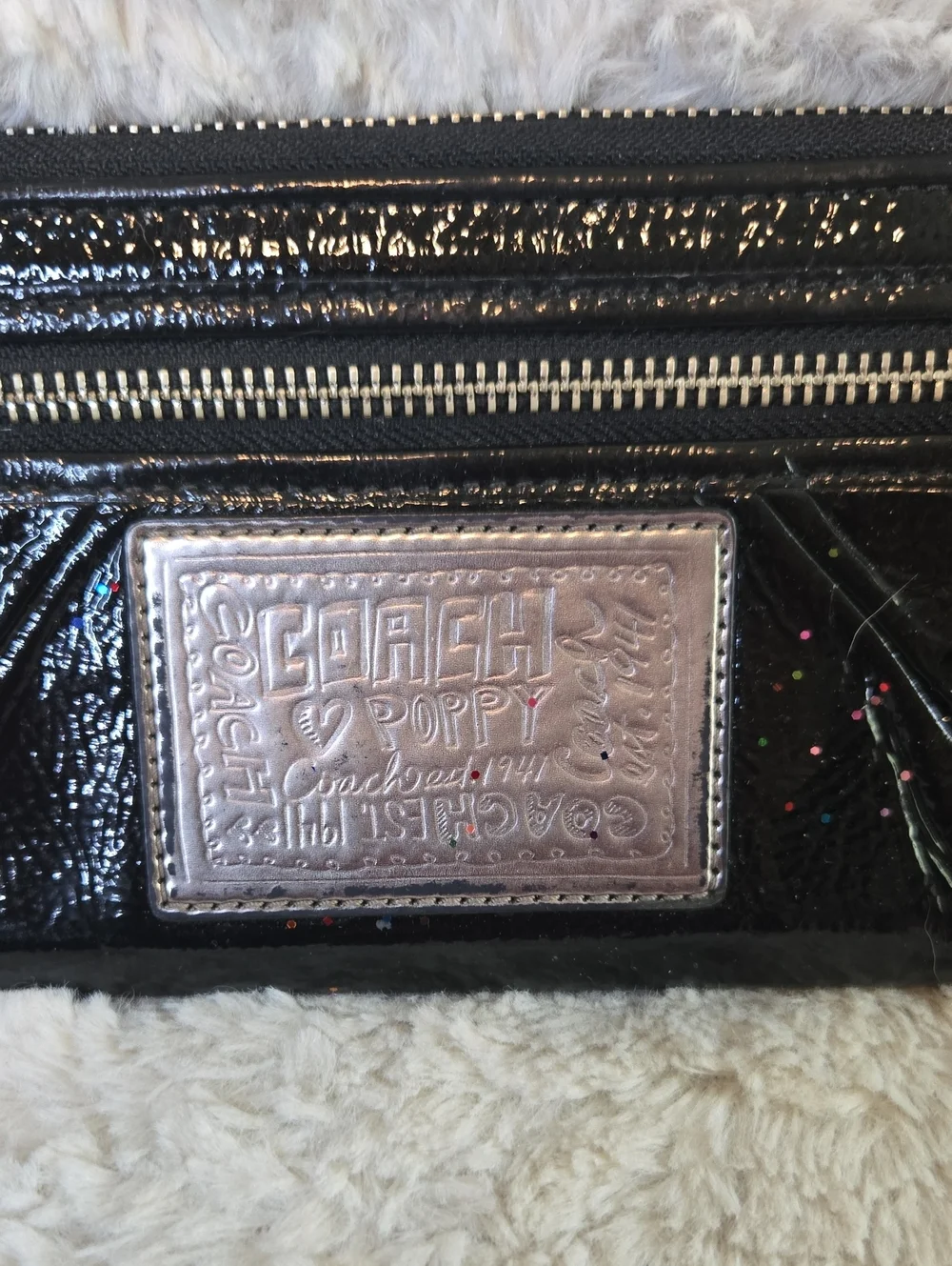Coach Black Patent Poppy  Leather Clutch with Silver Logo Plate
